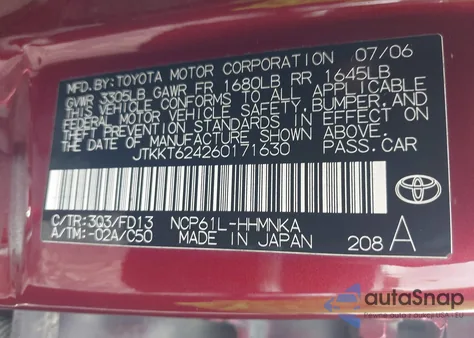 2006 Scion Xa z USA, uszkodzony, nr VIN JTKKT624260171630